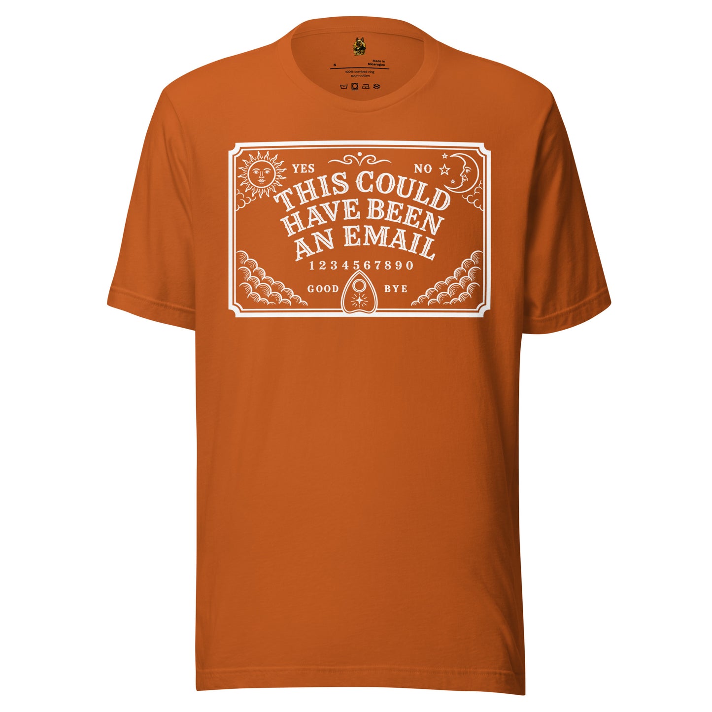 Orange unisex t-shirt with white graphic of spirit board and text 'This Could Have Been An Email' – Boozie Adams