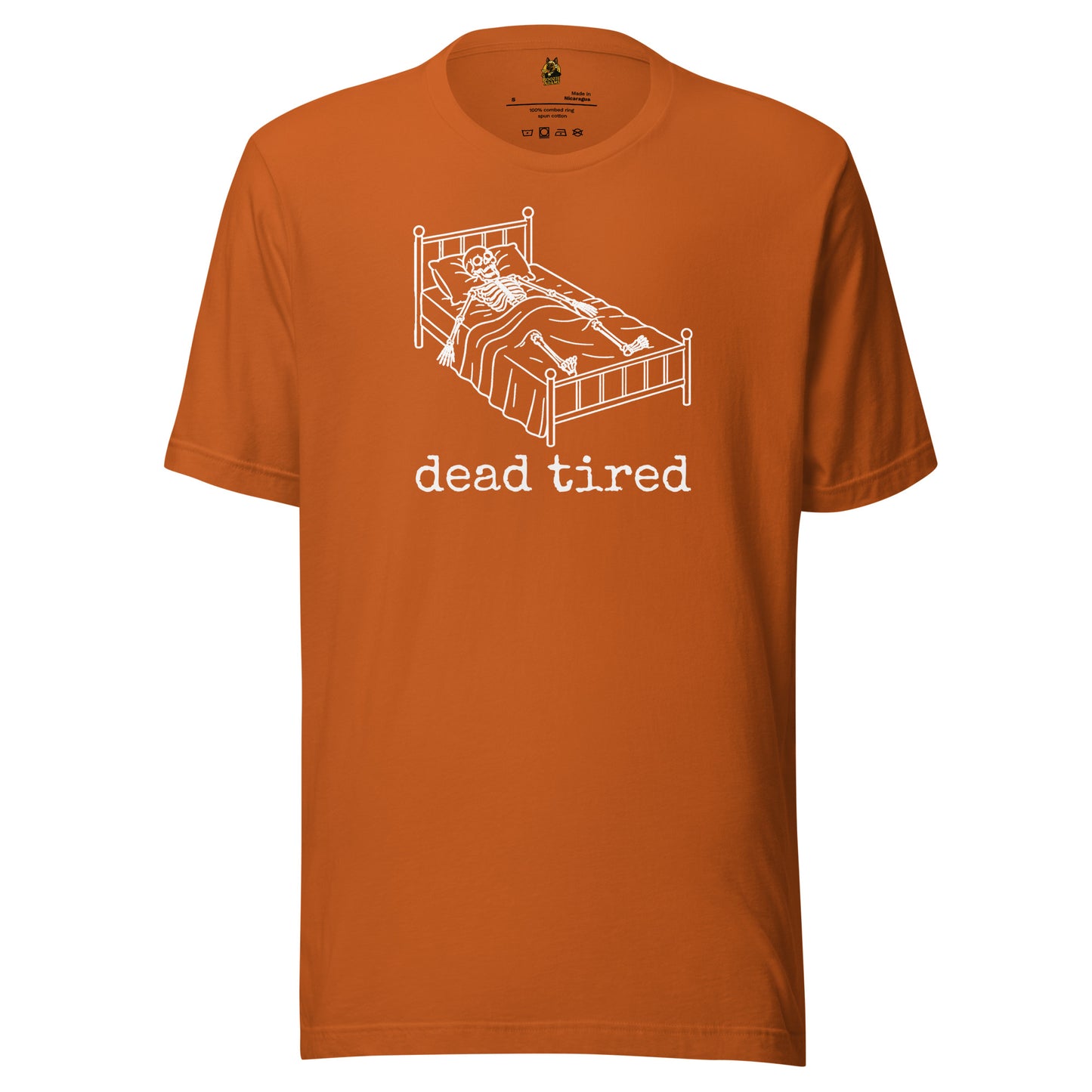 Orange unisex t-shirt with graphic of skeleton in bed and text 'dead tired' – Boozie Adams