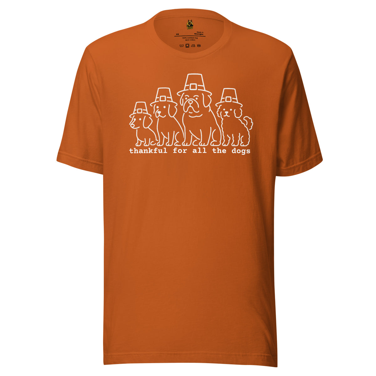 Orange unisex graphic t-shirt with graphic of dogs in pilgrim hats and text 'thankful for all the dogs' – Boozie Adams