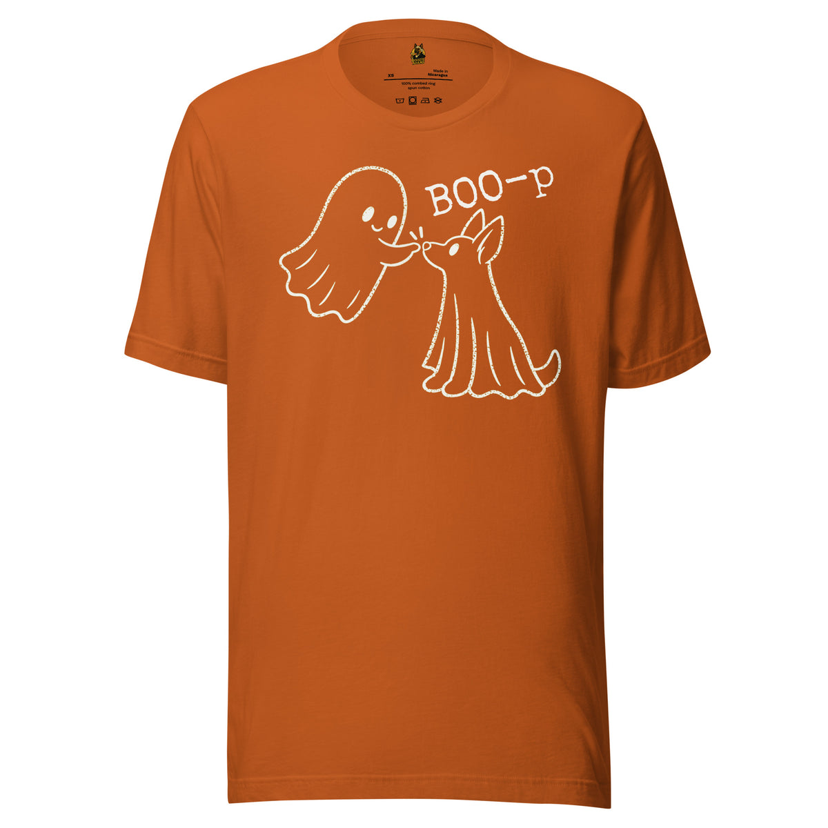 Orange unisex t-shirt with graphic of ghost booping ghost dog's nose and 'BOO-p' text – Boozie Adams
