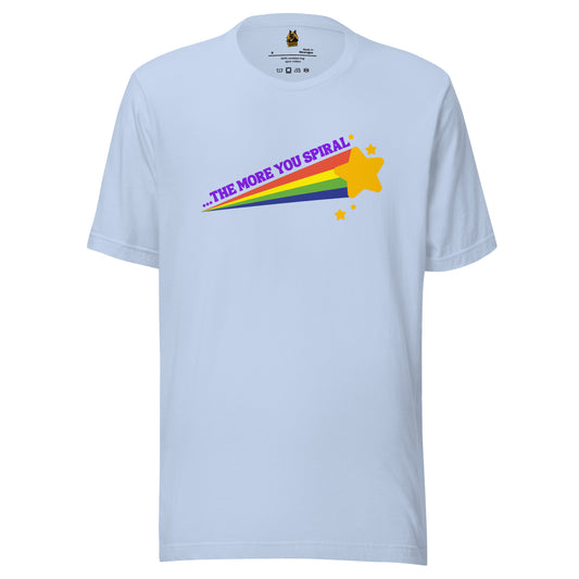 Baby blue unisex t-shirt with a shooting star rainbow and 'the more you spiral' text – Boozie Adams