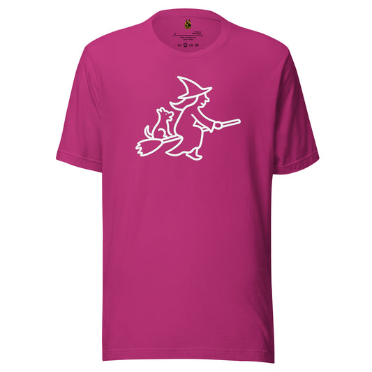 Berry unisex t-shirt with a white witch on a broom with a dog graphic – Boozie Adams