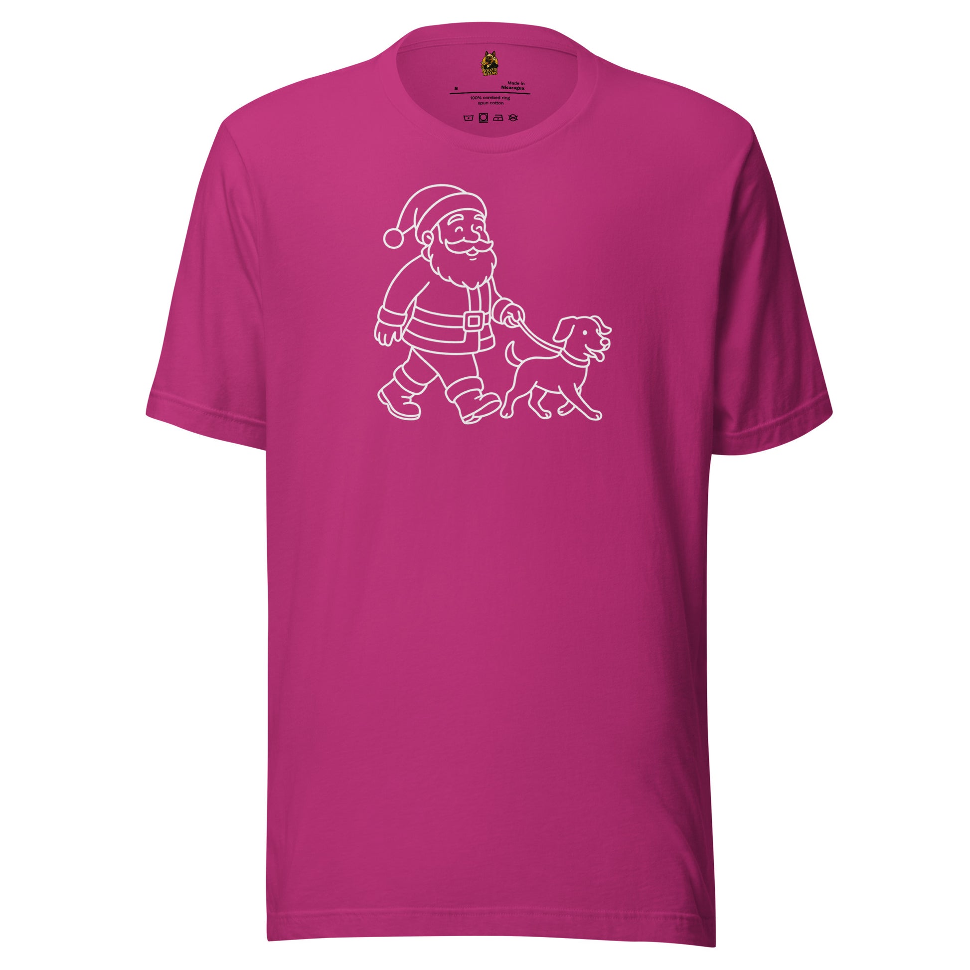 Berry unisex t-shirt with a white graphic of Santa Claus walking a dog – Boozie Adams