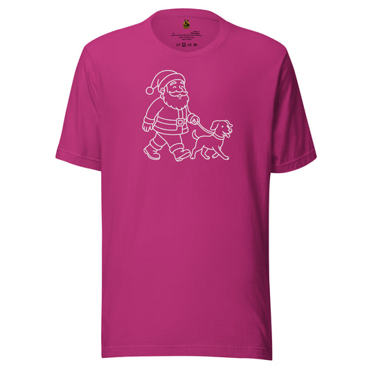 Berry unisex t-shirt with a white graphic of Santa Claus walking a dog – Boozie Adams