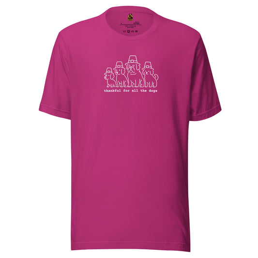 Berry unisex t-shirt with white graphic of 4 dogs in pilgrim hats with 'thankful for all the dogs' text – Boozie Adams