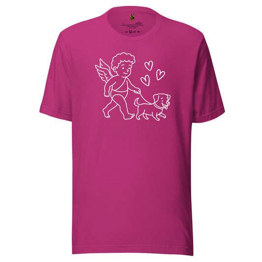 Pink unisex t-shirt with white graphic of a cupid walking a dog – Boozie Adams