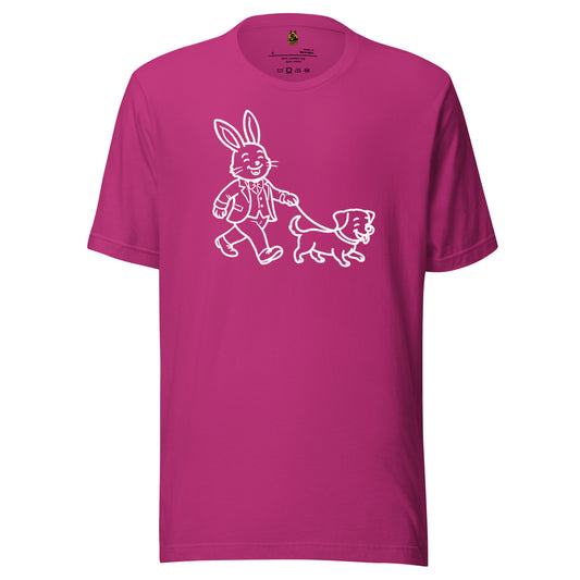 Berry unisex t-shirt with a graphic of a rabbit walking a dog – Boozie Adams