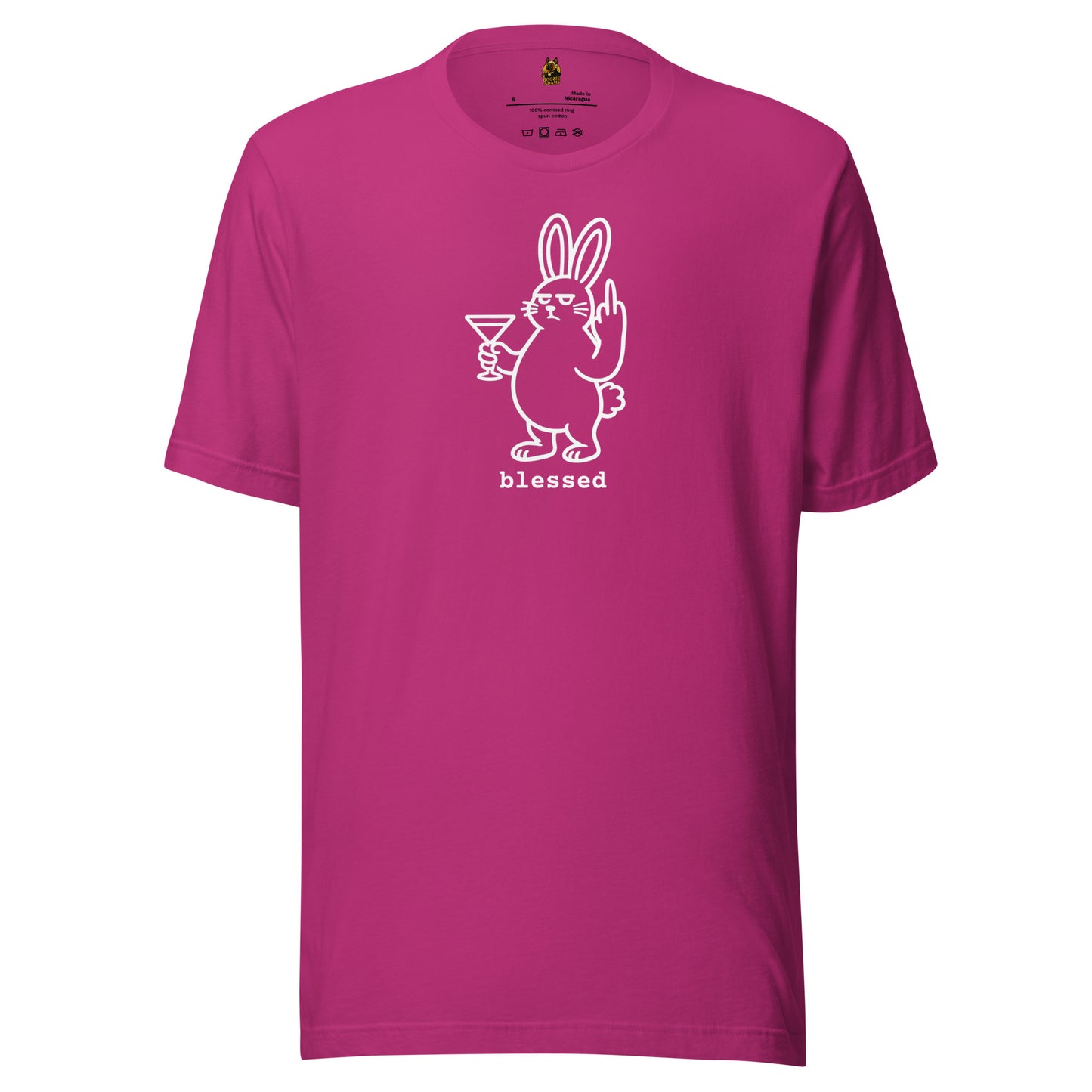 Berry unisex t-shirt with a white graphic of a rabbit holding a martini glass and flipping the bird with text 'blessed' – Boozie Adams