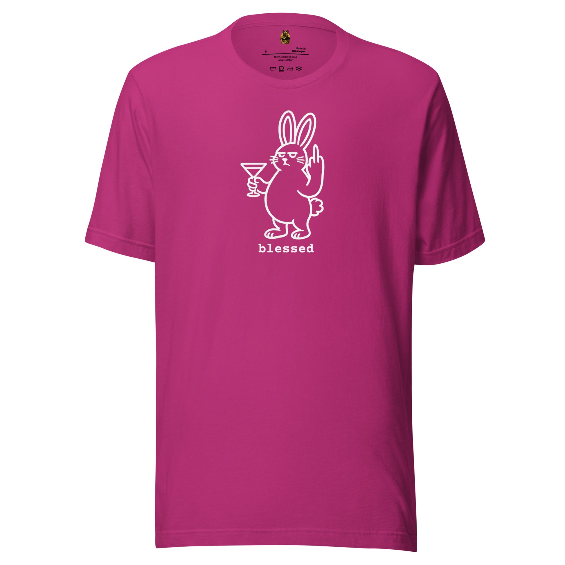 Berry unisex t-shirt with a white graphic of a rabbit holding a martini glass and flipping the bird with text 'blessed' – Boozie Adams