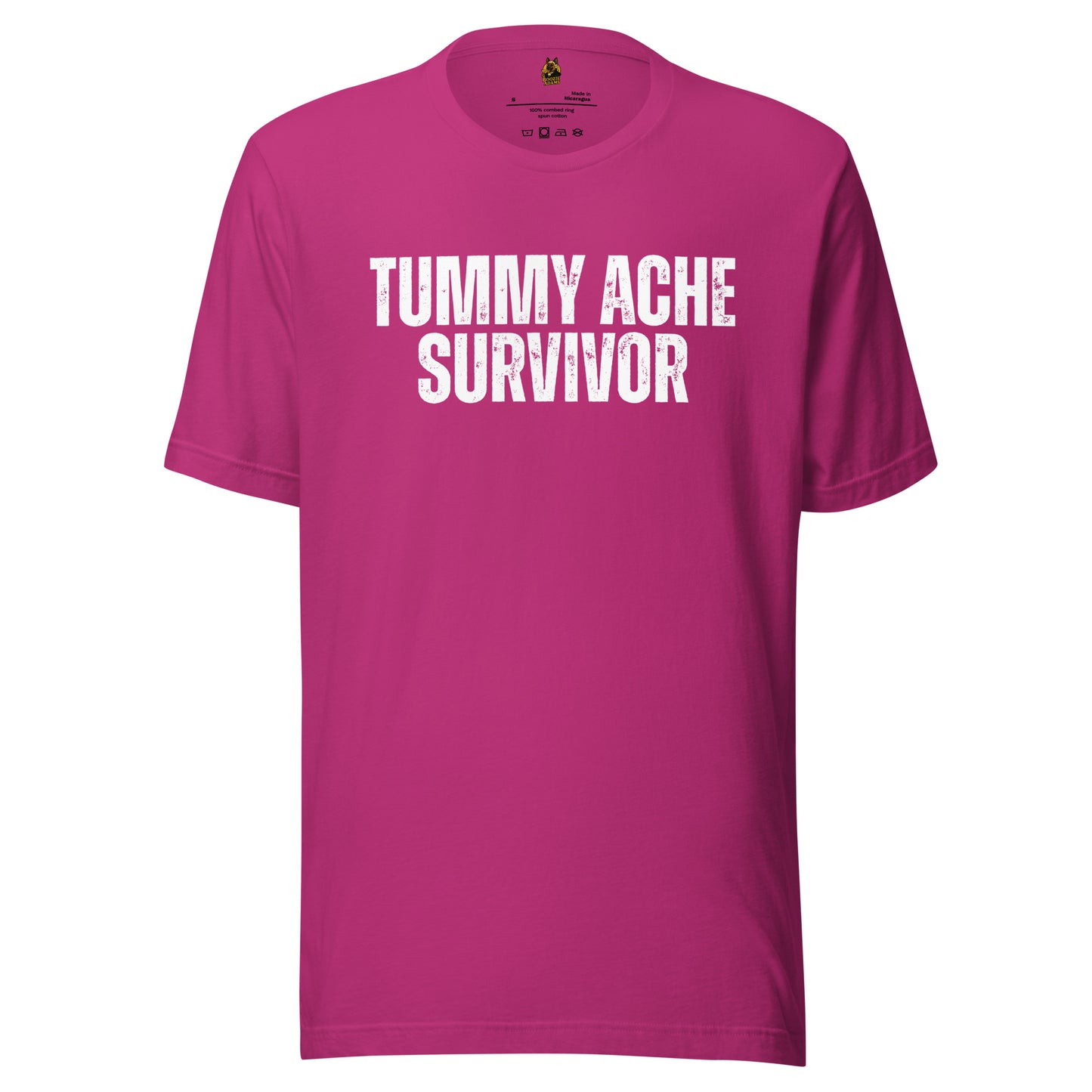 Berry unisex t-shirt with 'TUMMY ACHE SURVIVOR' text – Boozie Adams