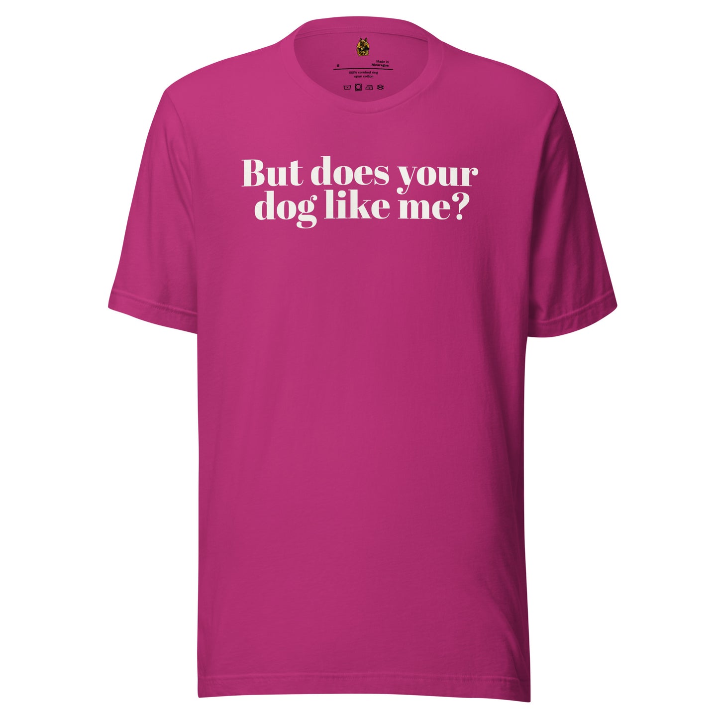 Berry unisex t-shirt with white text 'But does your dog like me?' – Boozie Adams