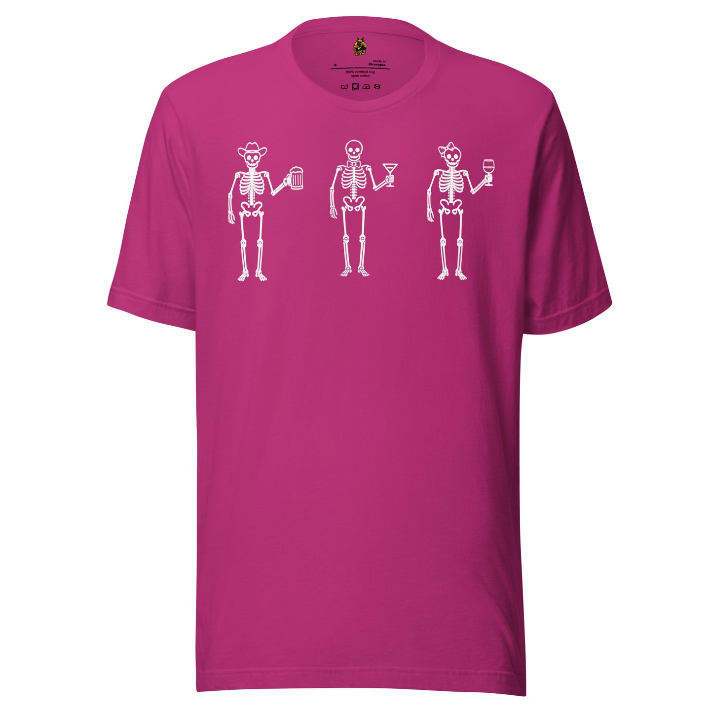Berry unisex t-shirt with graphic of three skeletons each holding a wine, beer, and martini glass – Boozie Adams