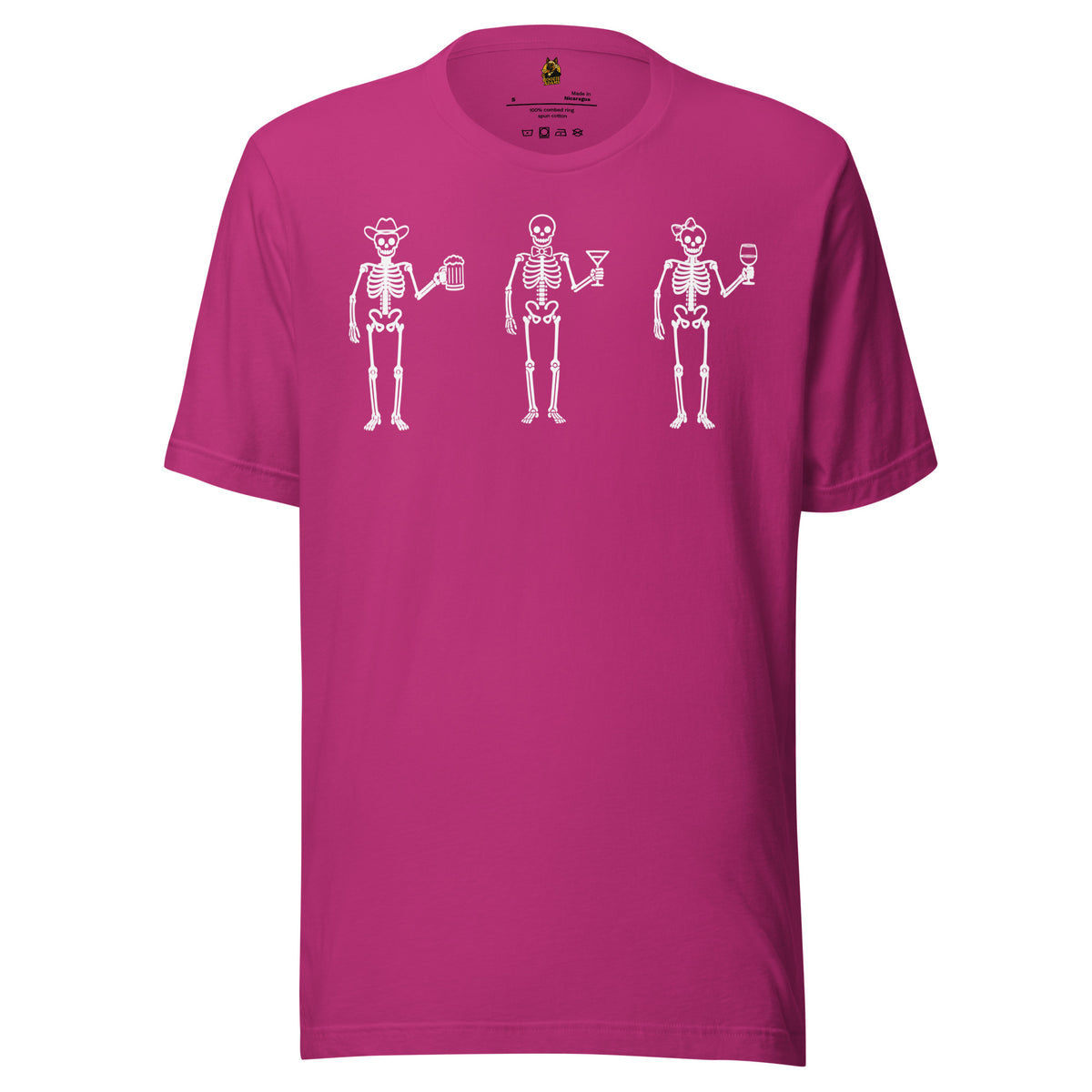 Berry unisex t-shirt with graphic of three skeletons each holding a wine, beer, and martini glass – Boozie Adams