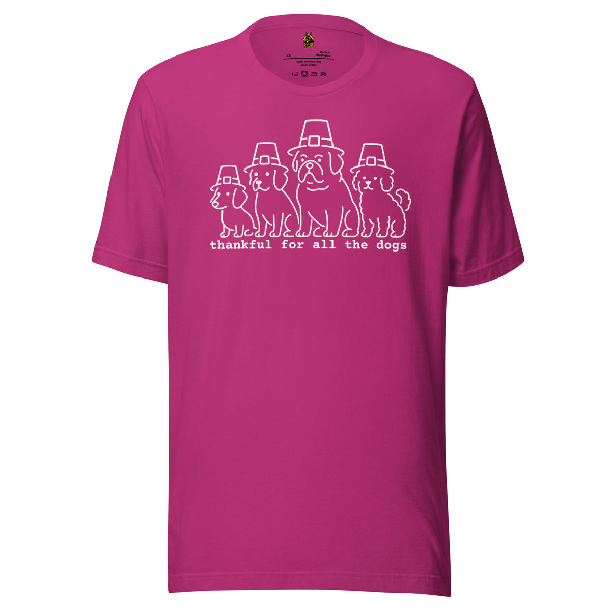 Berry unisex graphic t-shirt with graphic of dogs in pilgrim hats and text 'thankful for all the dogs' – Boozie Adams