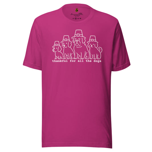 Berry unisex graphic t-shirt with graphic of dogs in pilgrim hats and text 'thankful for all the dogs' – Boozie Adams