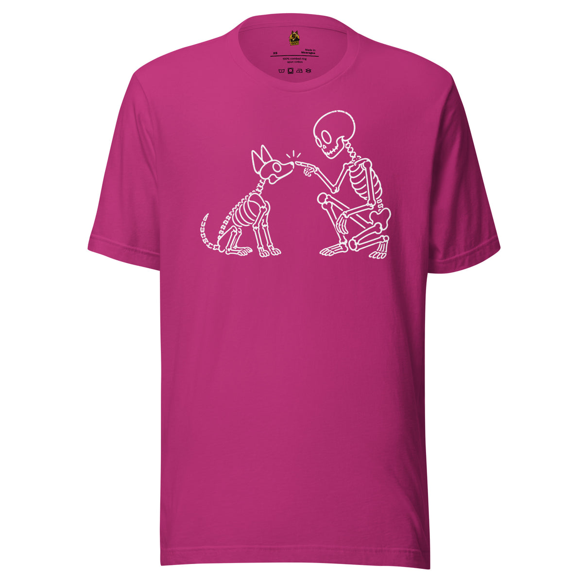 Berry unisex t-shirt with graphic of skeleton booping a skeleton dog's nose – Boozie Adams