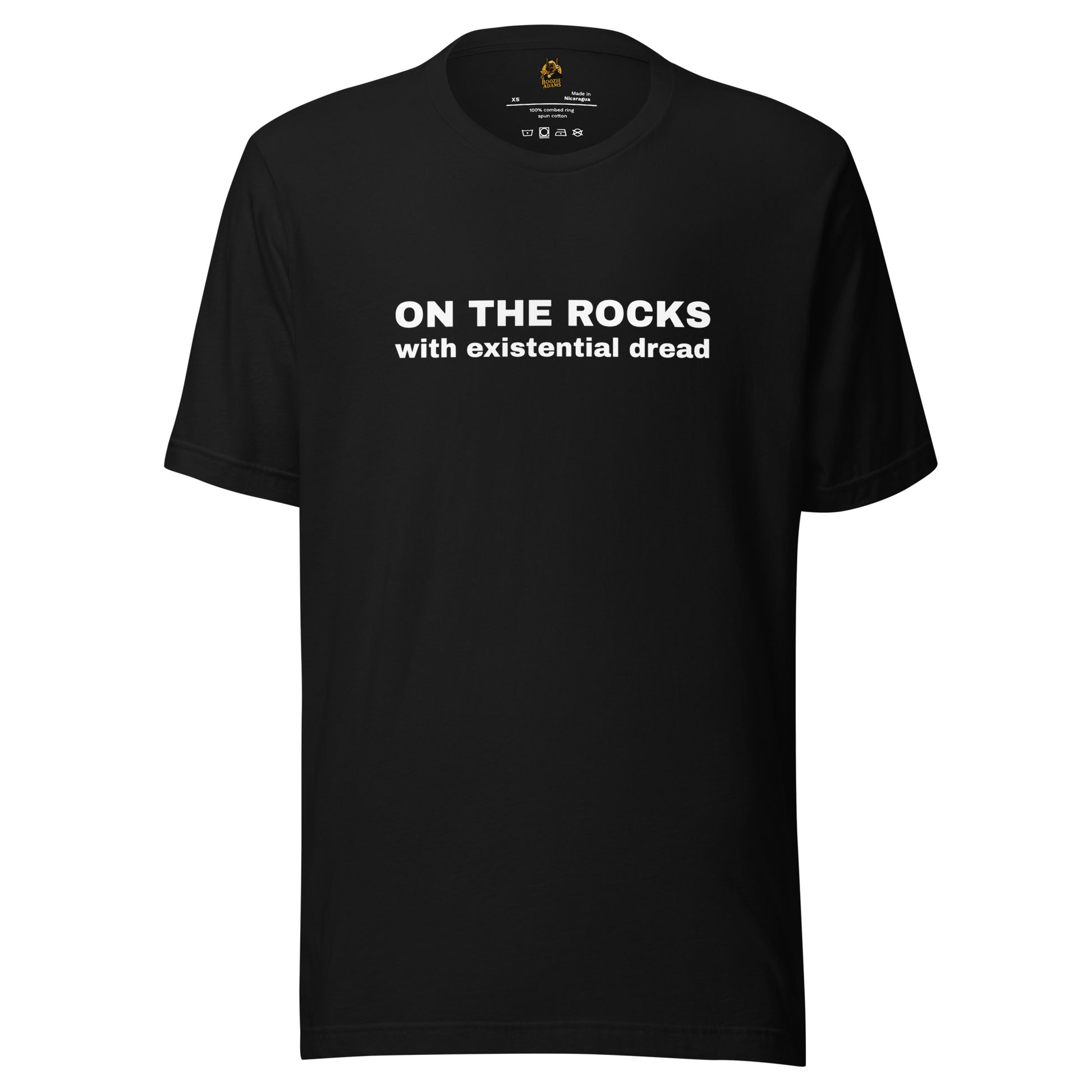 Black unisex t-shirt with white text 'ON THE ROCKS with existential dread' – Boozie Adams