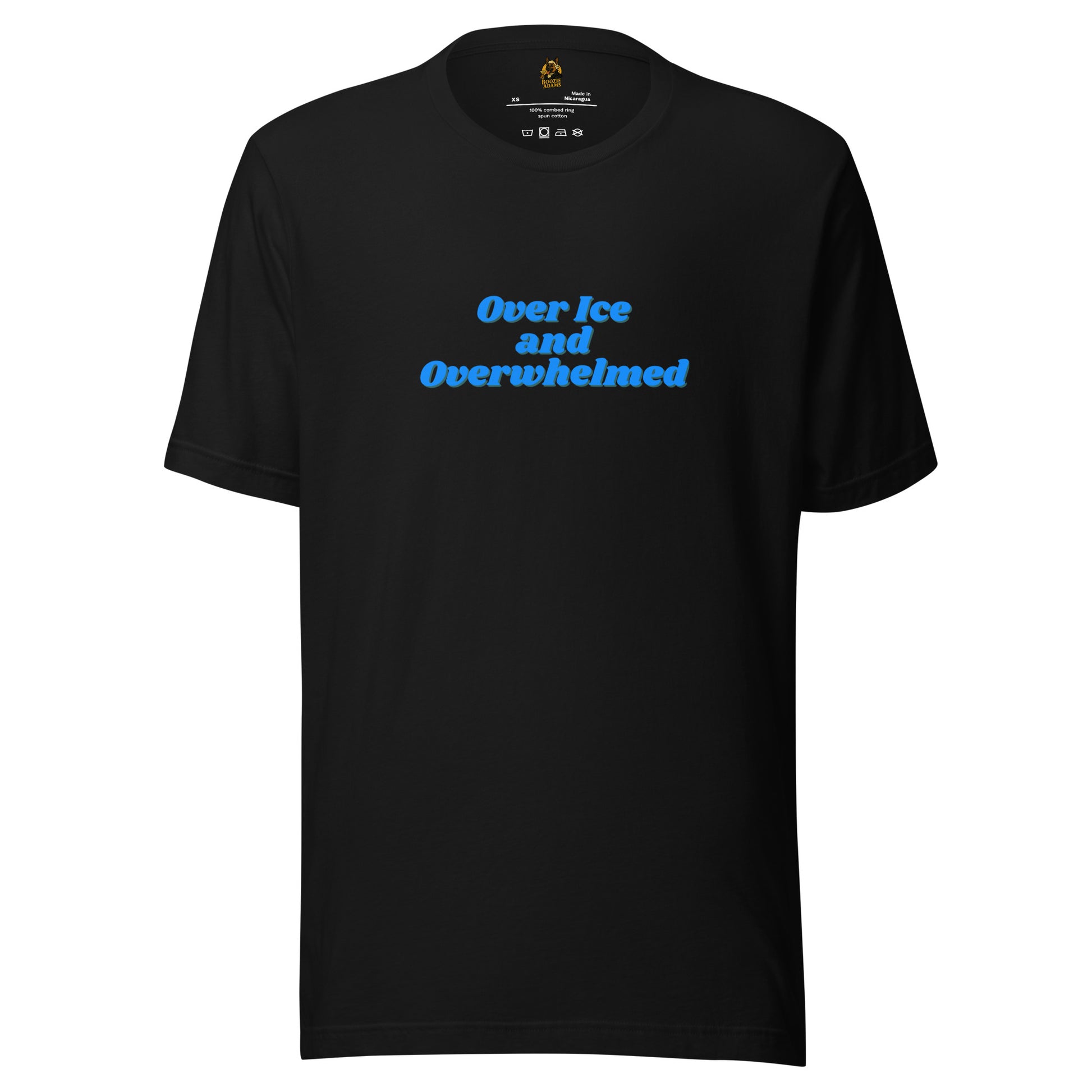 Black unisex t-shirt with blue text 'Over Ice and Overwhelmed' – Boozie Adams