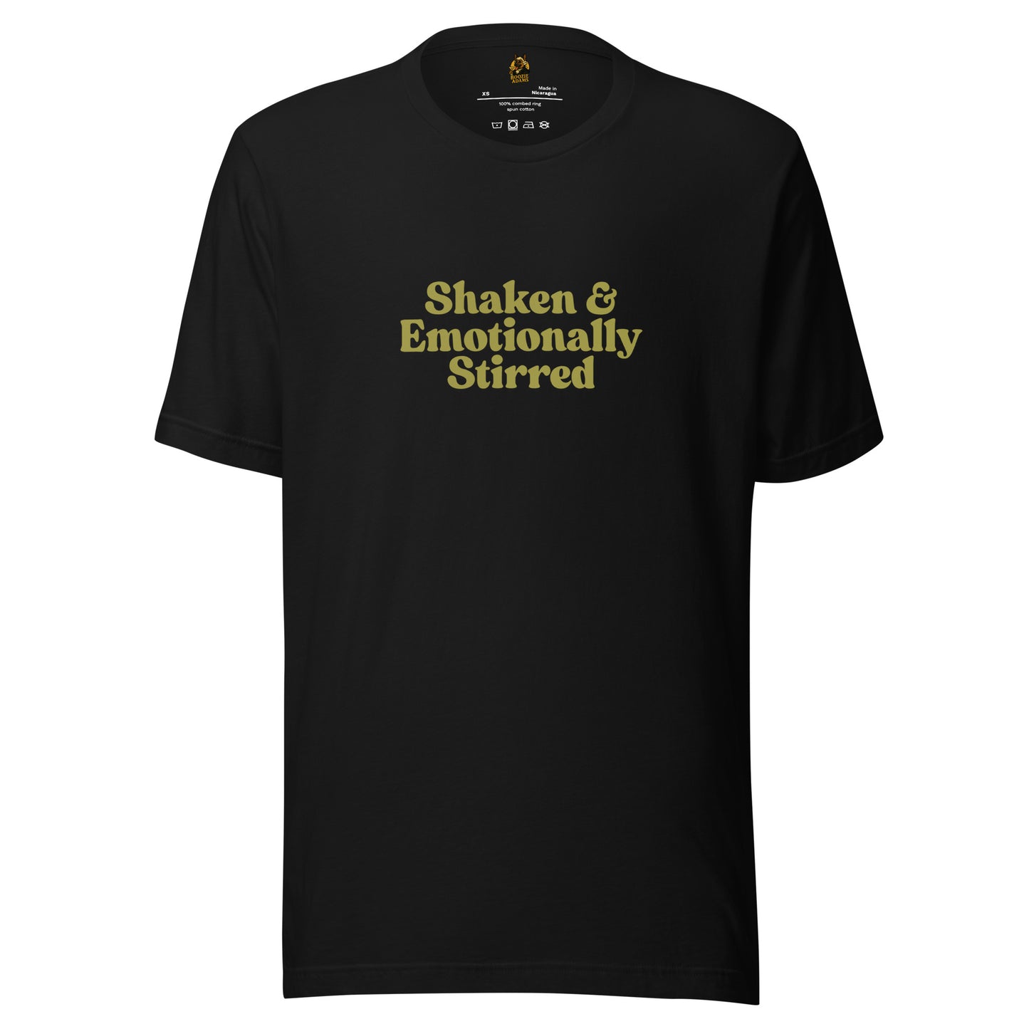 Black unisex t-shirt with yellow text 'Shaken & Emotionally Stirred' – Boozie Adams