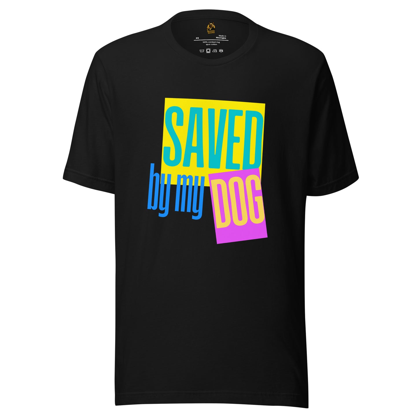 Black unisex t-shirt with colorful text 'SAVED by my DOG' – Boozie Adams