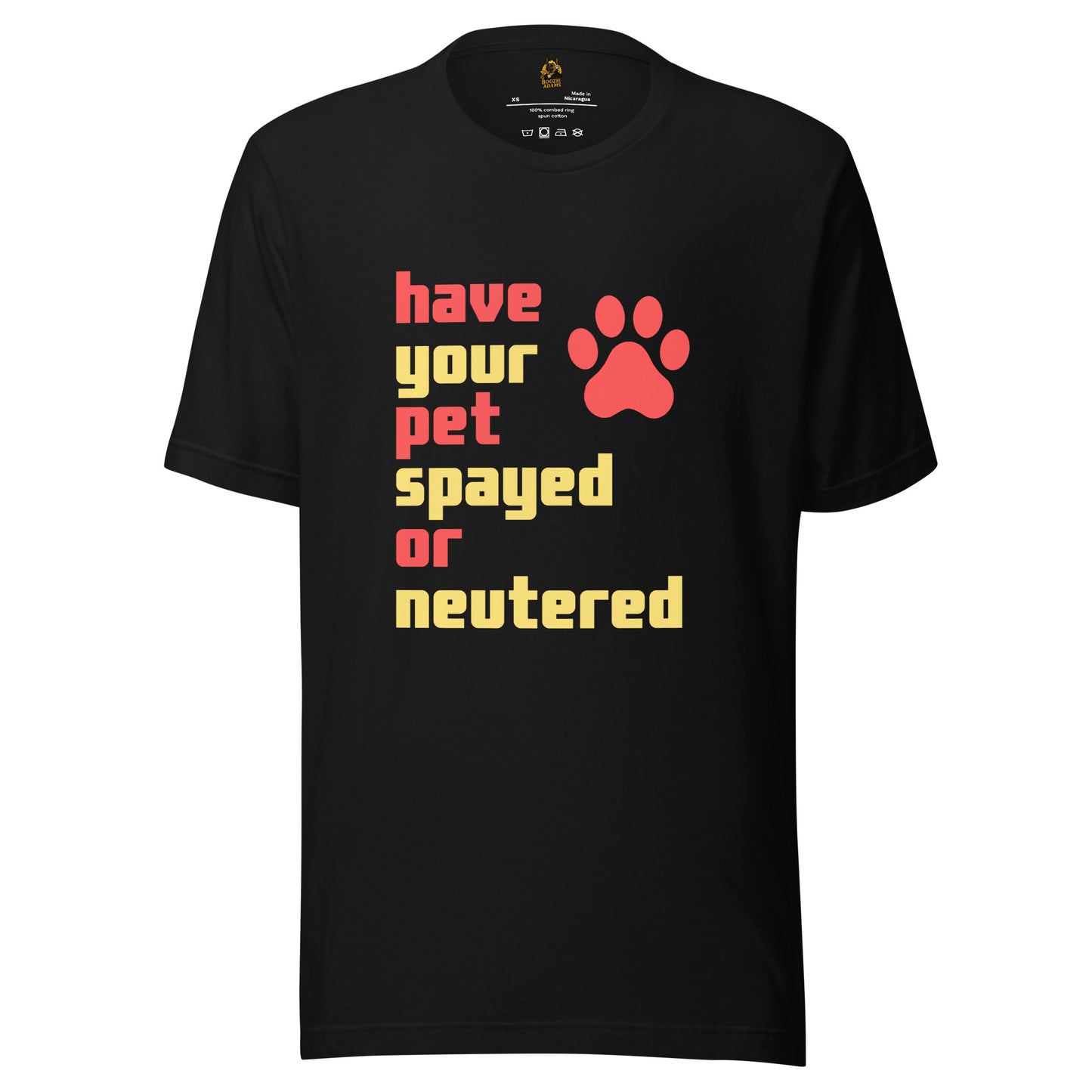 Black unisex t-shirt with red and yellow text and a paw print 'Have your pet spayed or neutered' – Boozie Adams