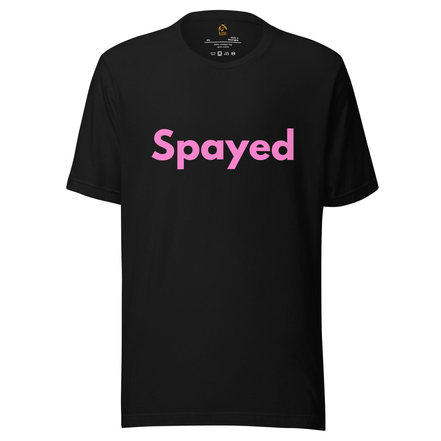 Black unisex t-shirt with pink 'Spayed' text – Boozie Adams