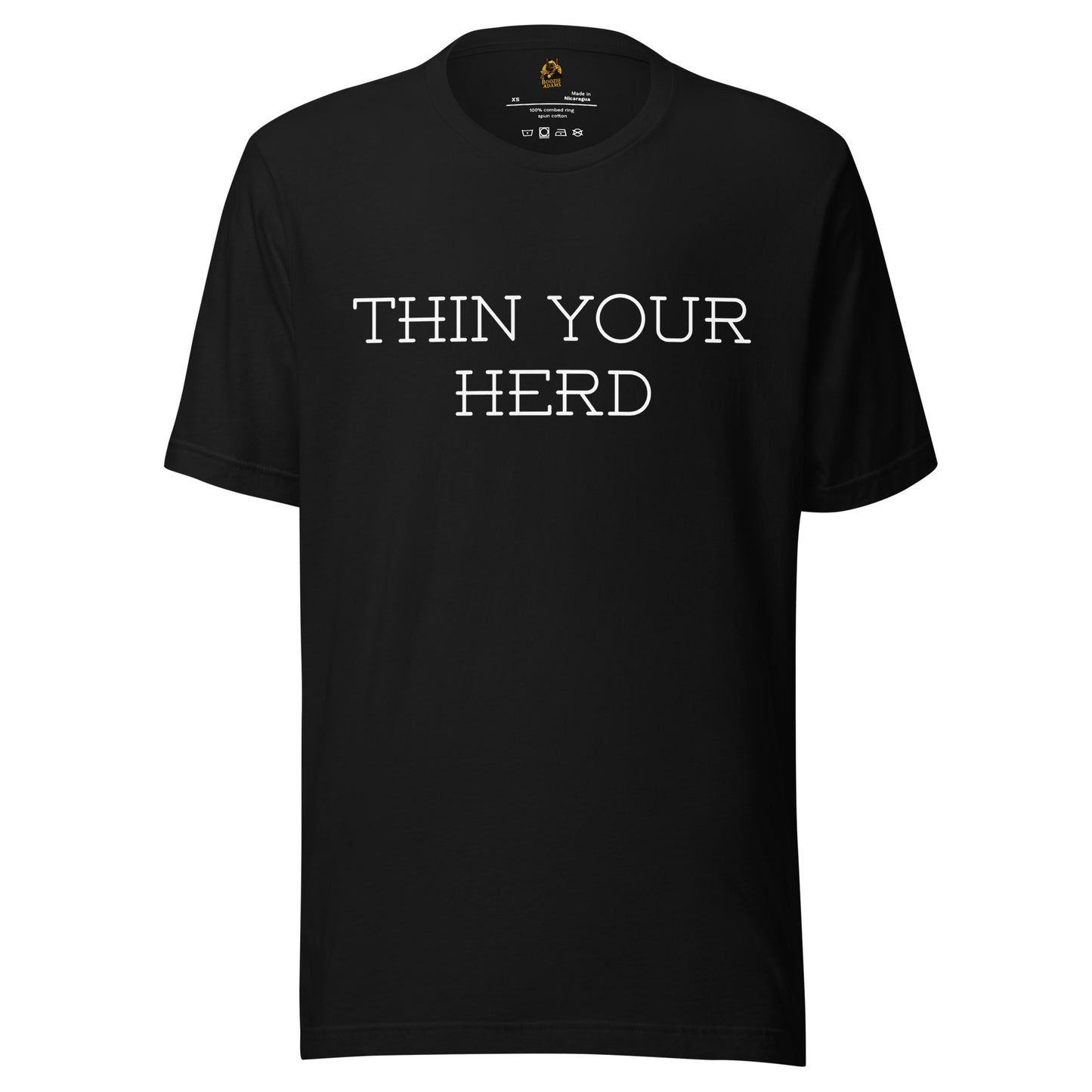 Black unisex t-shirt with 'THIN YOUR HERD' text on a white – Boozie Adams
