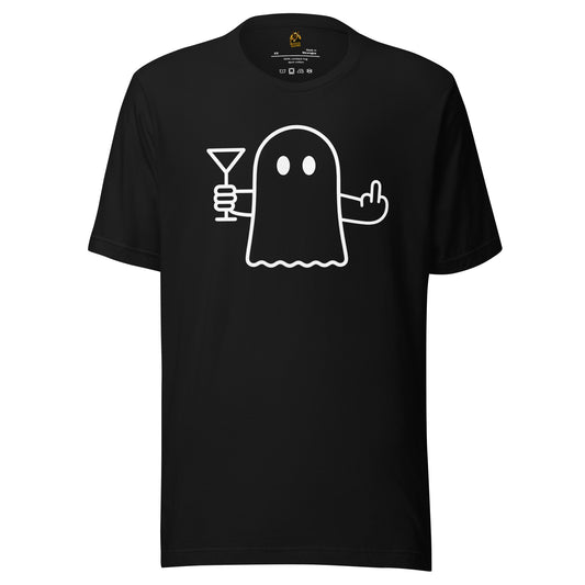 Black unisex t-shirt with a white ghost holding a martini glass and flipping the bird – Boozie Adams