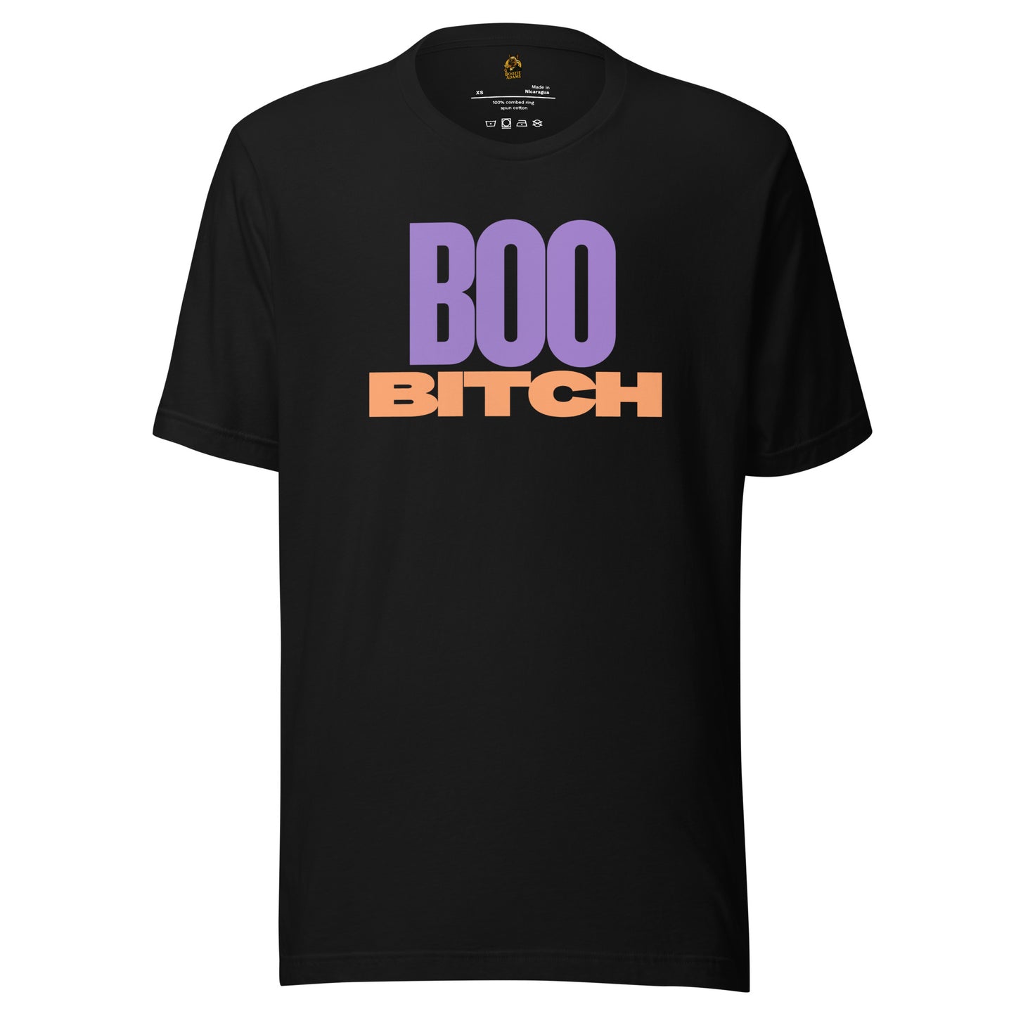 Black unisex t-shirt with 'BOO BITCH' text in purple and orange – Boozie Adams