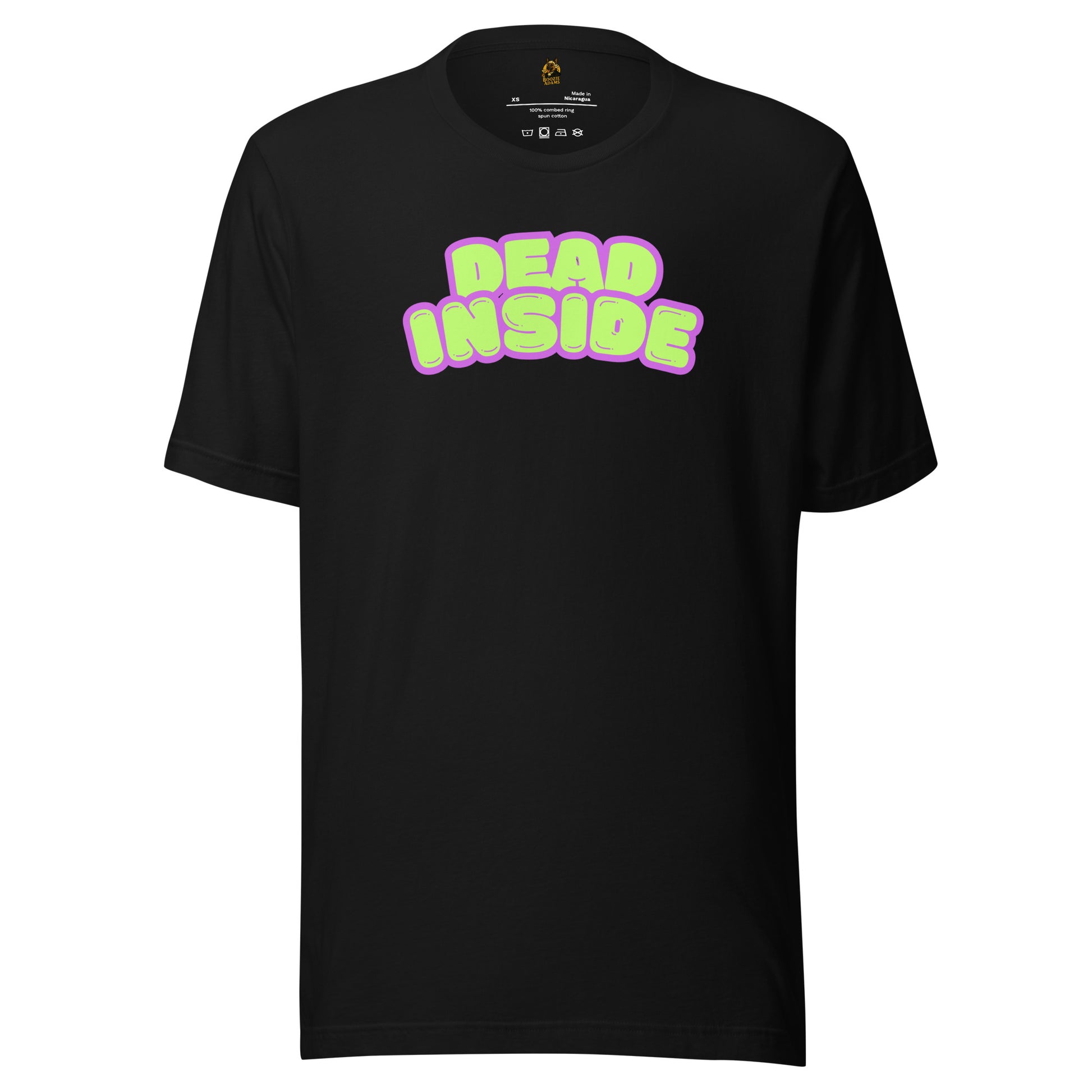 Black unisex t-shirt with 'DEAD INSIDE' text in purple and green – Boozie Adams