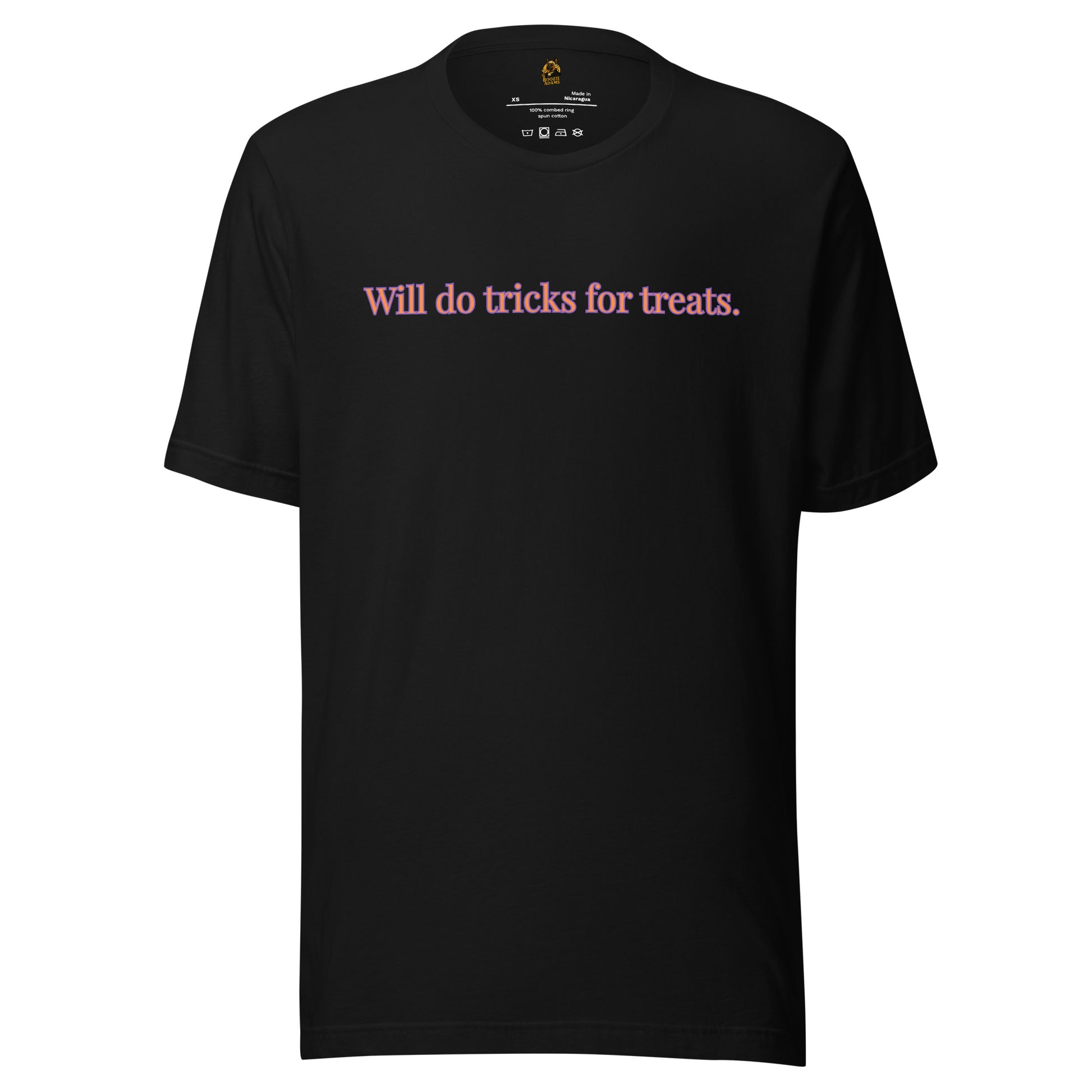 Black unisex t-shirt with orange and purple text 'Will do tricks for treats' – Boozie Adams