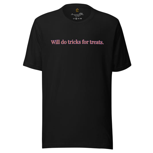 Black unisex t-shirt with orange and purple text 'Will do tricks for treats' – Boozie Adams