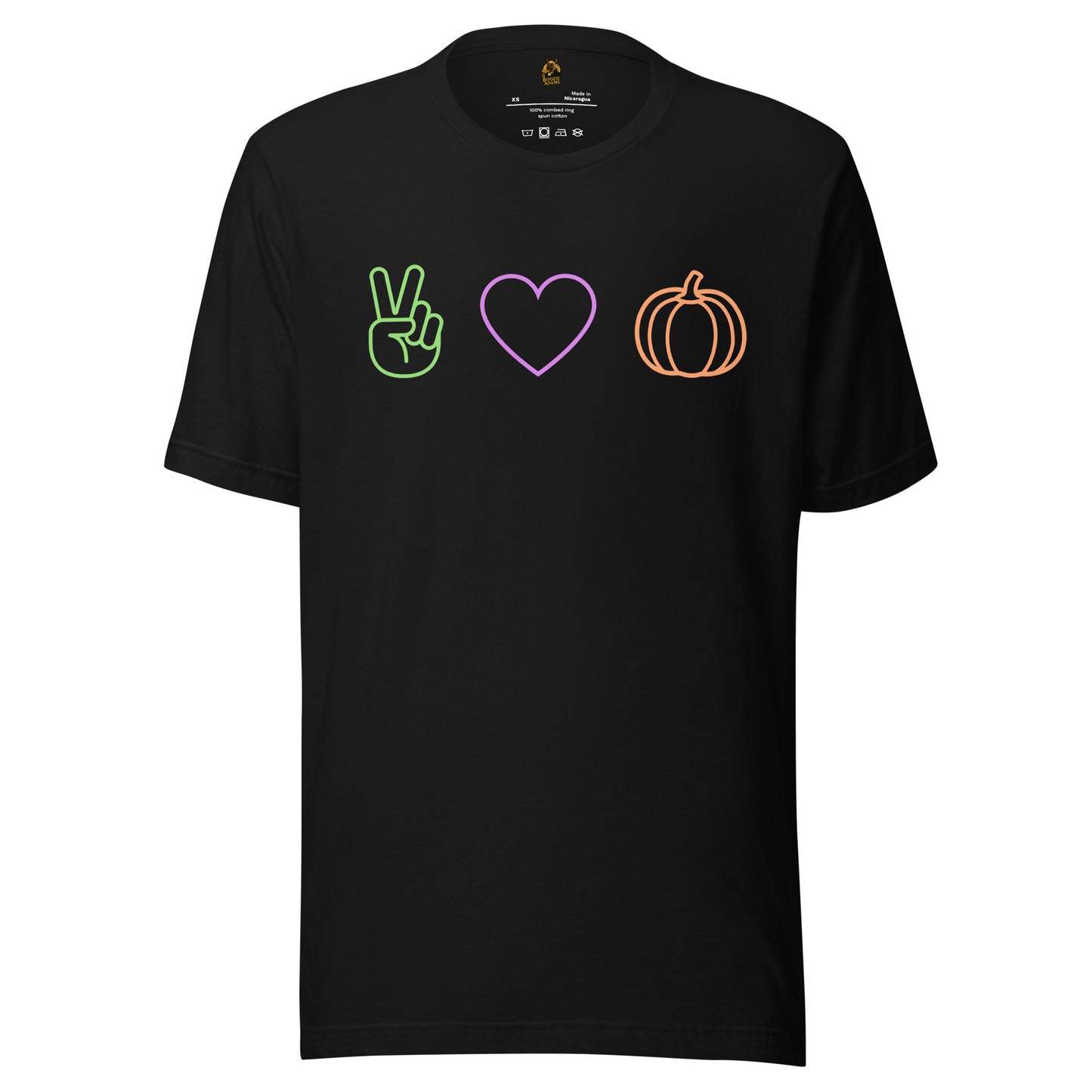 Black unisex t-shirt with peace sign, heart, and pumpkin designs – Boozie Adams