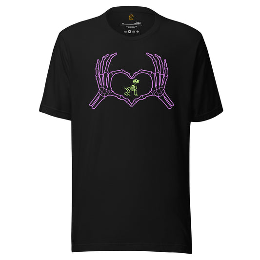 Black unisex t-shirt with a graphic of purple skeleton hands making a heart  with a green skeleton dog in the middle – Boozie Adams