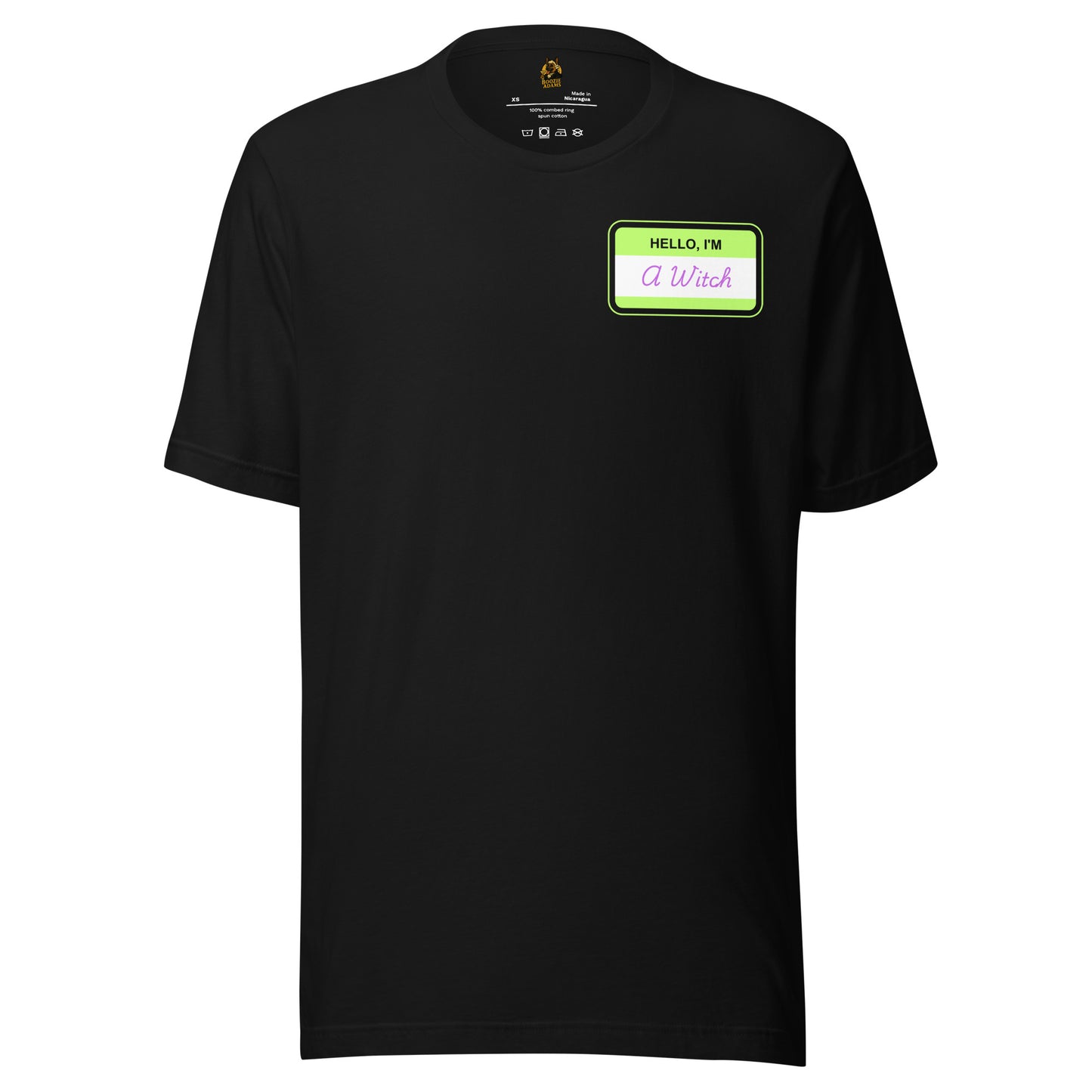 Black unisex t-shirt with a green name tag graphic with text 'Hello I'm A Witch' – Boozie Adams