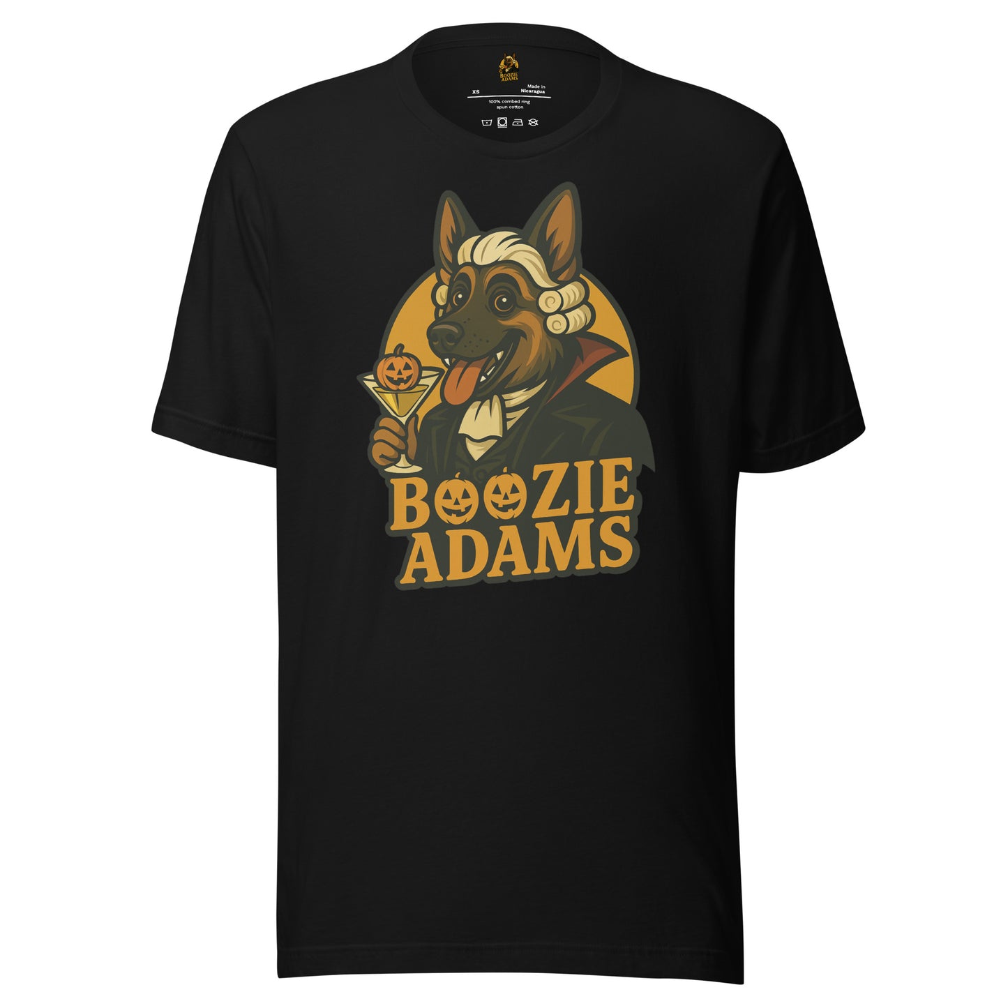 Black unisex t-shirt with a graphic of Boozie Adams – a dog holding a martini with a pumpkin and the text 'Boozie Adams' – Boozie Adams