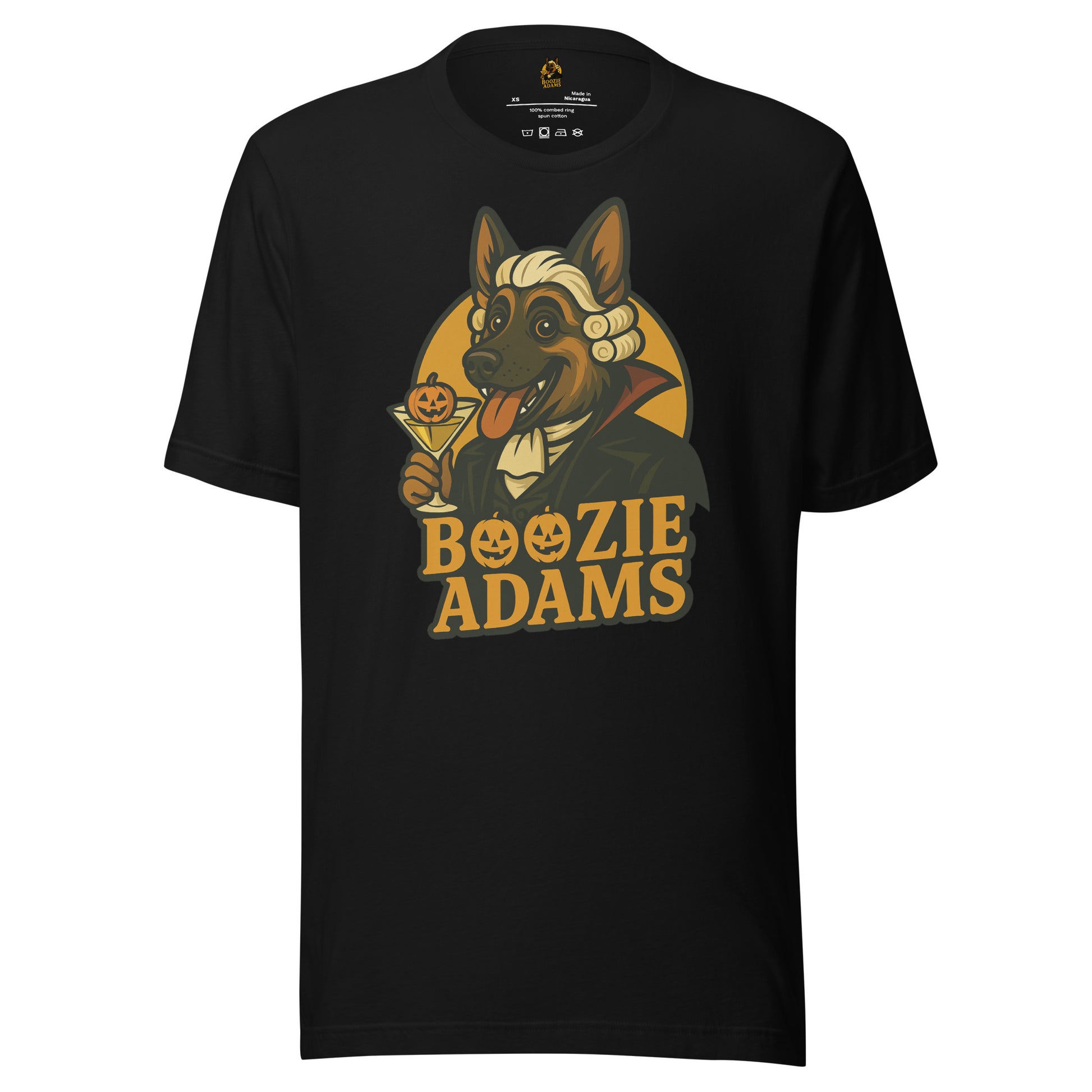 Black unisex t-shirt with a graphic of Boozie Adams – a dog holding a martini with a pumpkin and the text 'Boozie Adams' – Boozie Adams