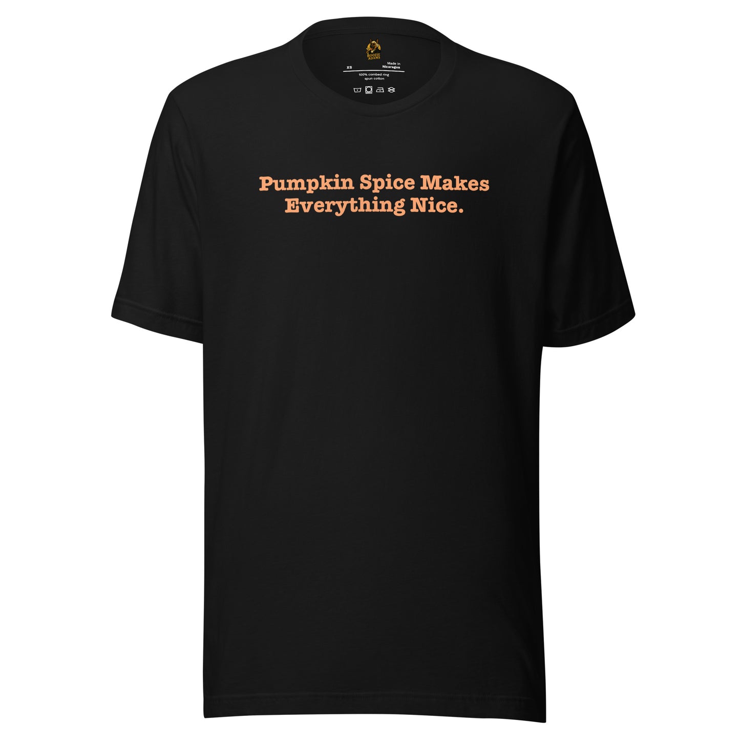 Black unisex t-shirt with 'Pumpkin Spice Makes Everything Nice' text in orange – Boozie Adams