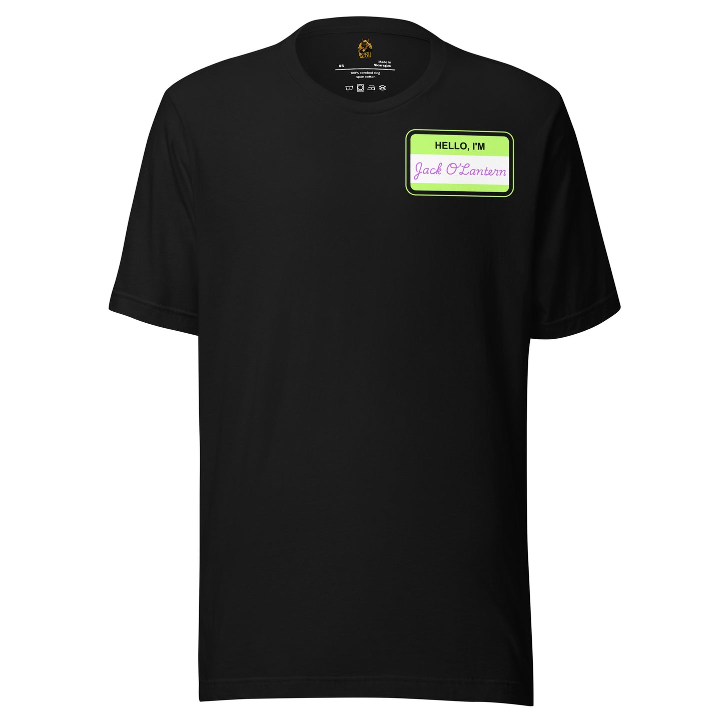 Black unisex t-shirt with a green label with text 'Hello I'm Jack O'lantern' – Boozie Adams