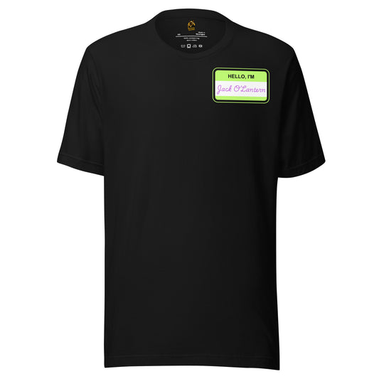 Black unisex t-shirt with a green label with text 'Hello I'm Jack O'lantern' – Boozie Adams