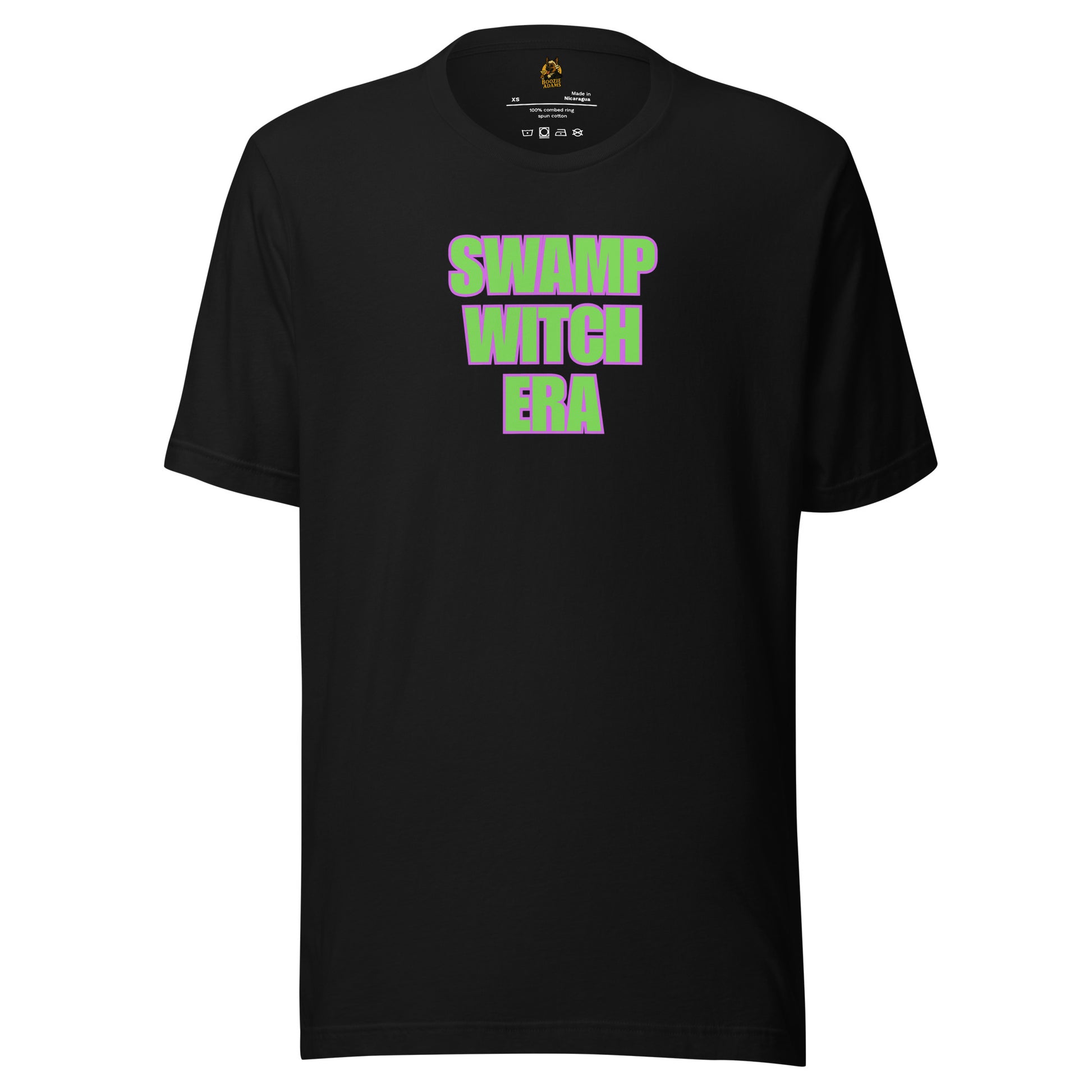Black unisex t-shirt with 'SWAMP WITCH ERA' text in green and purple – Boozie Adams