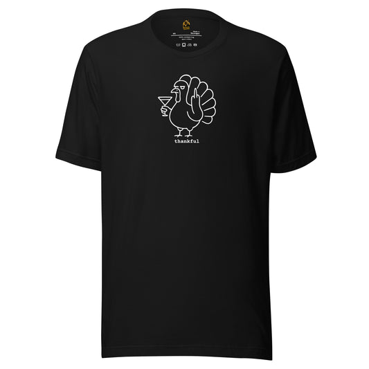 Black unisex t-shirt with a white turkey graphic holding a martini and flipping the bird with 'thankful' text – Boozie Adams