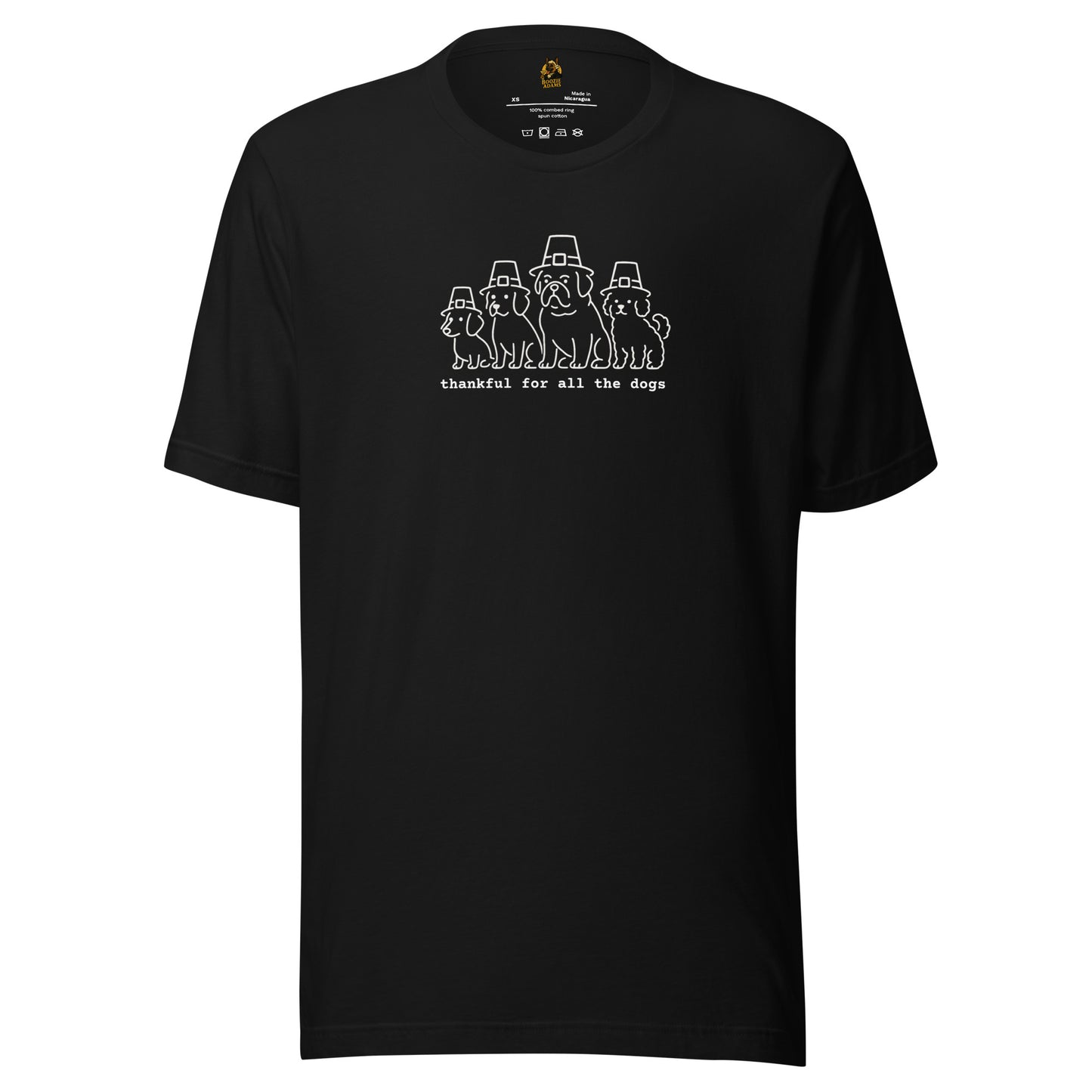 Black unisex t-shirt with white graphic of 4 dogs in pilgrim hats with 'thankful for all the dogs' text – Boozie Adams