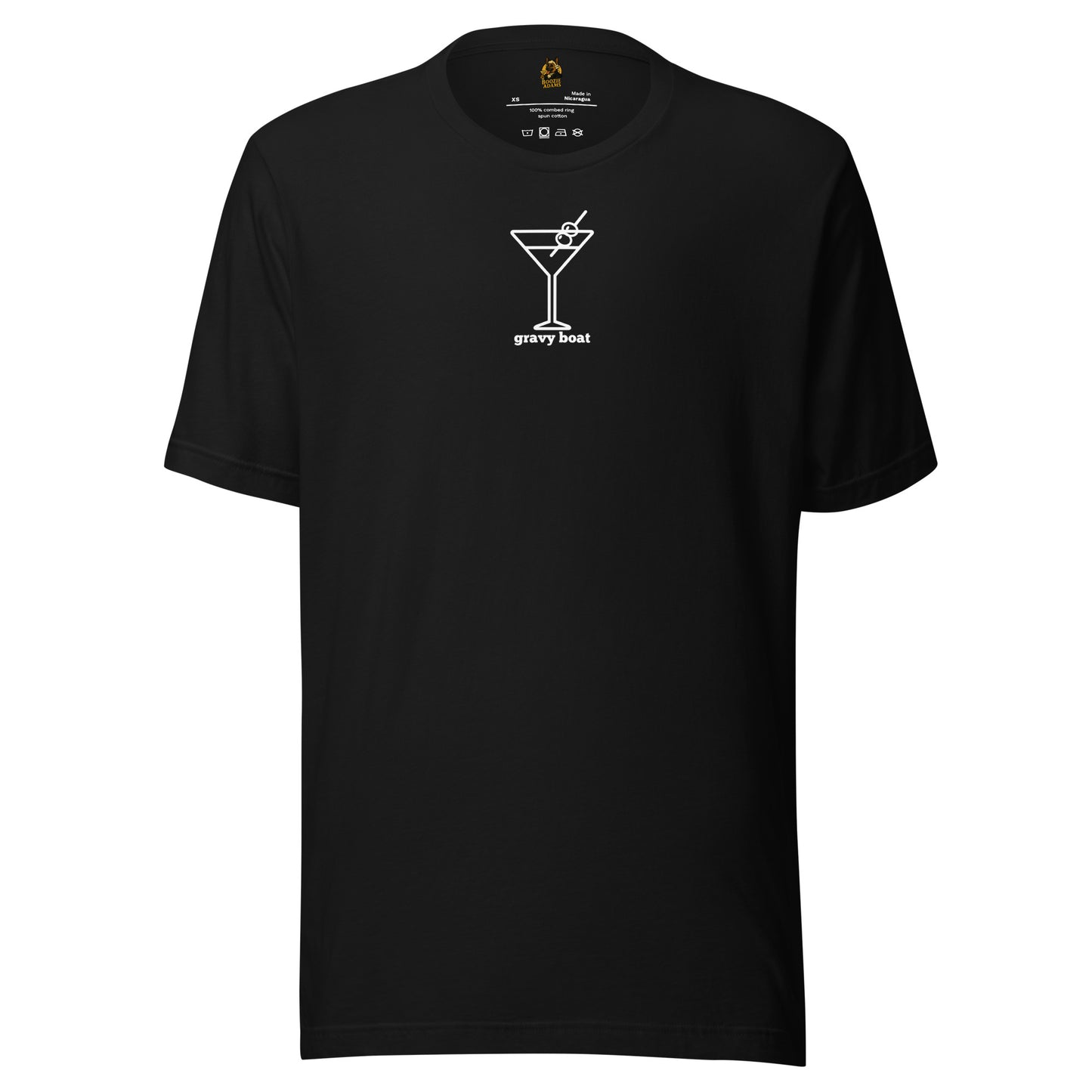 Black unisex t-shirt with white martini graphic and 'gravy boat' font – Boozie Adams