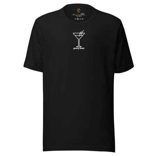 Black unisex t-shirt with white martini graphic and 'gravy boat' font – Boozie Adams