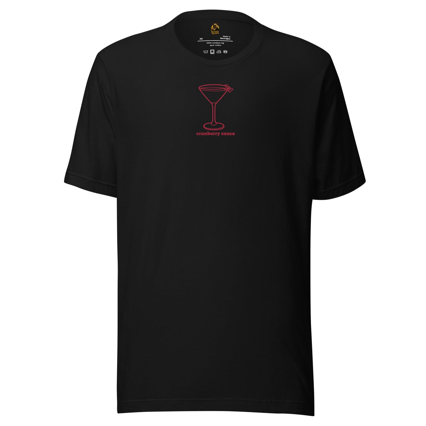 Black unisex t-shirt with red martini graphic and 'cranberry sauce' text – Boozie Adams
