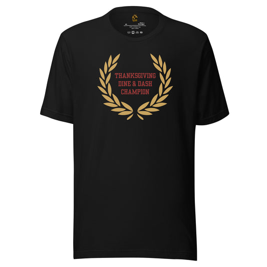 Black unisex t-shirt with gold laurel wreath and red 'Thanksgiving Dine & Dash Champion' text – Boozie Adams