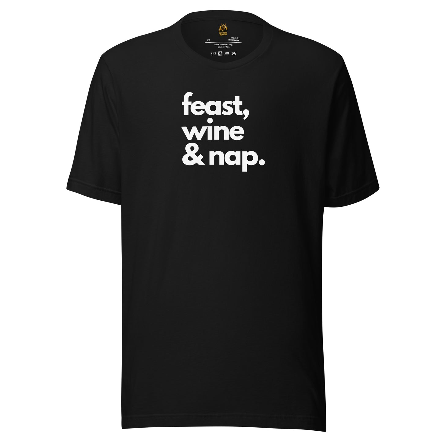 Black unisex t-shirt with 'feast, wine & nap.' white text – Boozie Adams