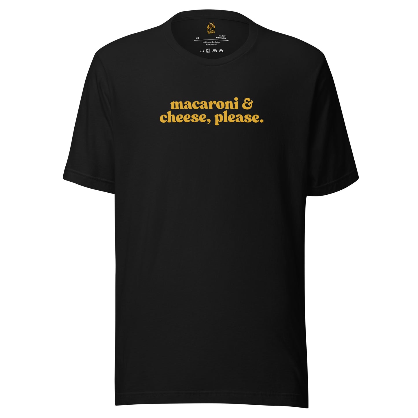 Black unisex t-shirt with 'macaroni & cheese, please.' text in yellow – Boozie Adams