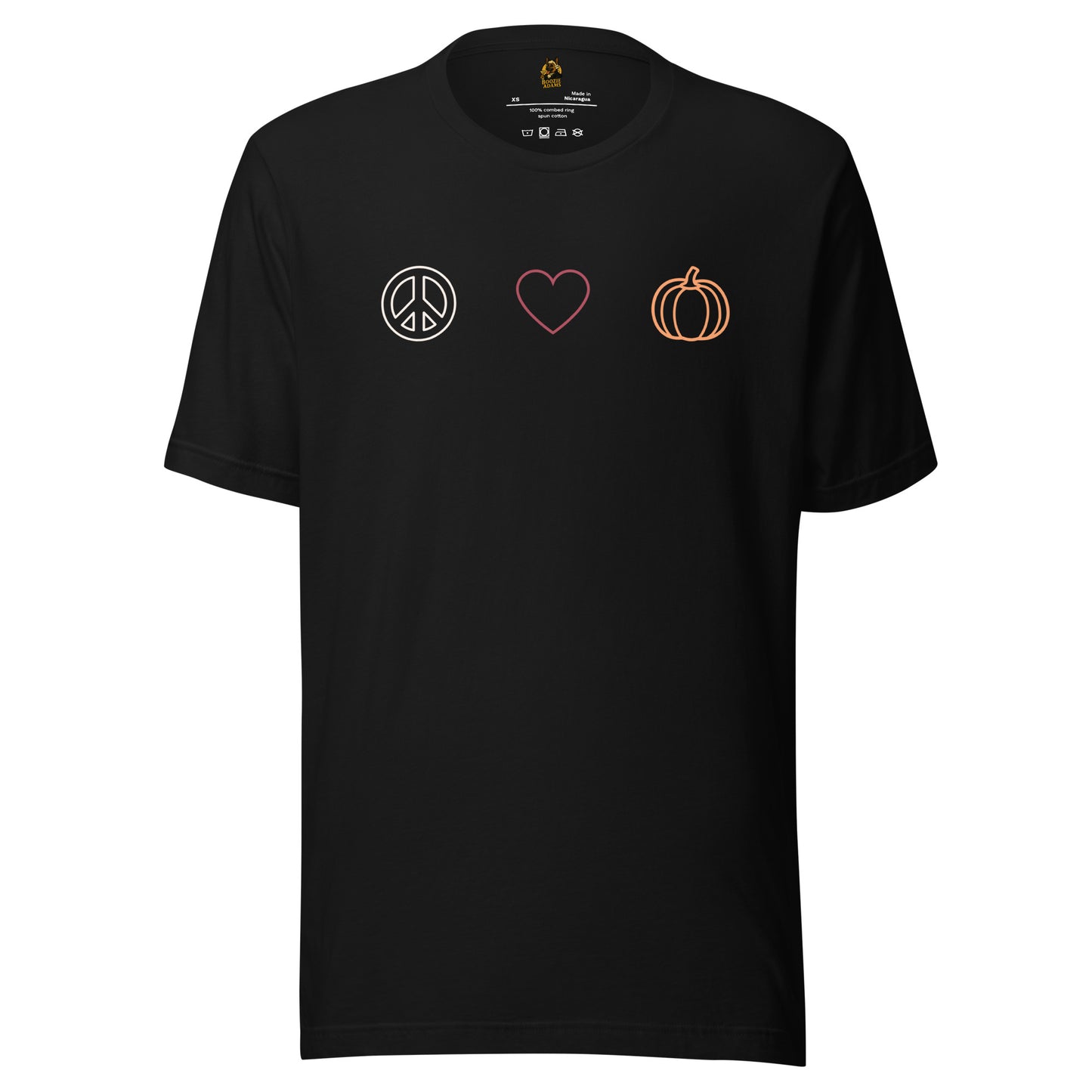 Black unisex t-shirt with peace symbol, heart, and pumpkin design – Boozie Adams
